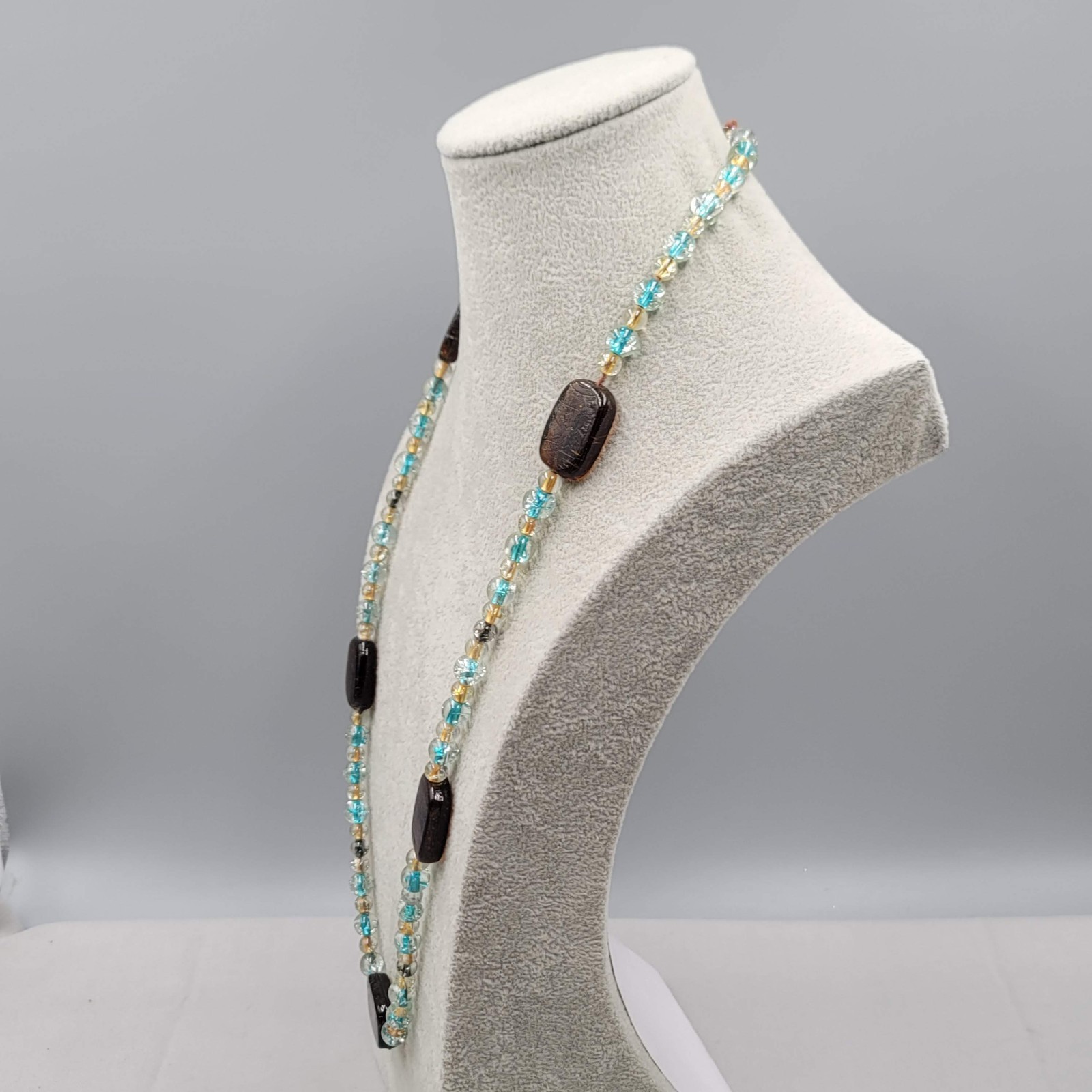 Artisan Brown Yellow Blue Glass Bead Necklace 28 in