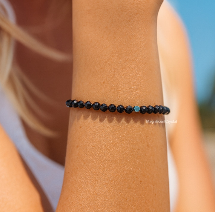 Dainty Black Tourmaline Stone Bracelet Healing Protection Crystal Reiki Jewelry