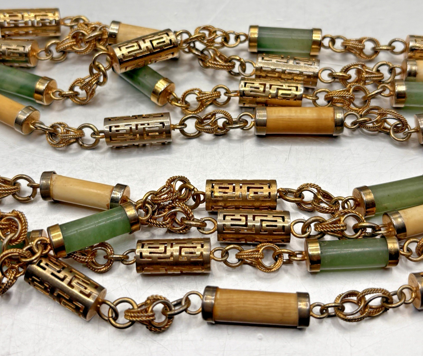 Pair Chinoiserie Style Gold Tone Jade Necklaces Ornate 29” Philippine