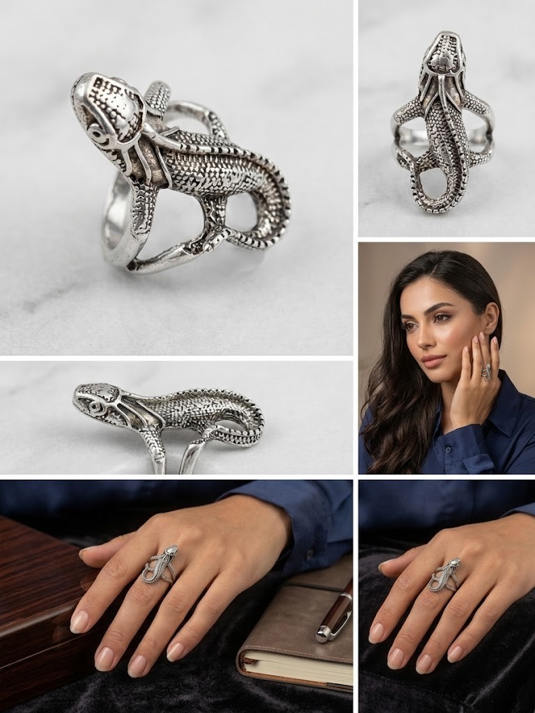 Unique Lizard Design Statement Ring – Detailed Reptile Fashion Jewelry – Adjusta