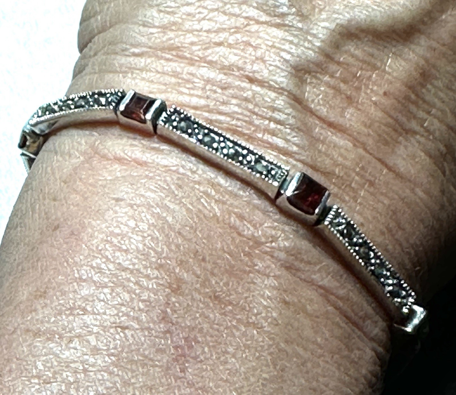 Vintage Sterling Silver Marcasite & Garnet/Ruby Bracelet 7″