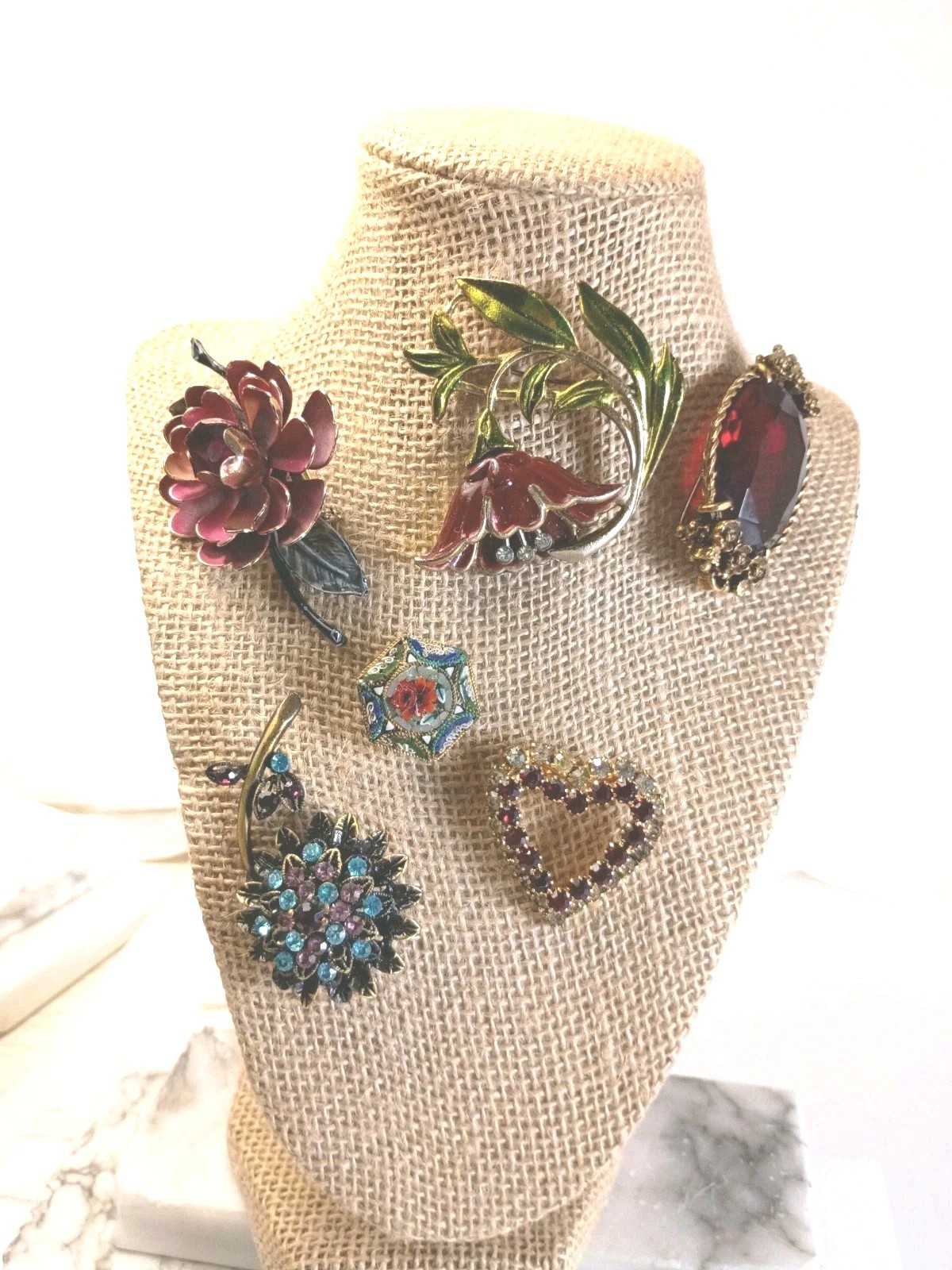 Vintage To Current Brooches Lot of 6 Rhinestone Glass Enamel Paint Gold Fill