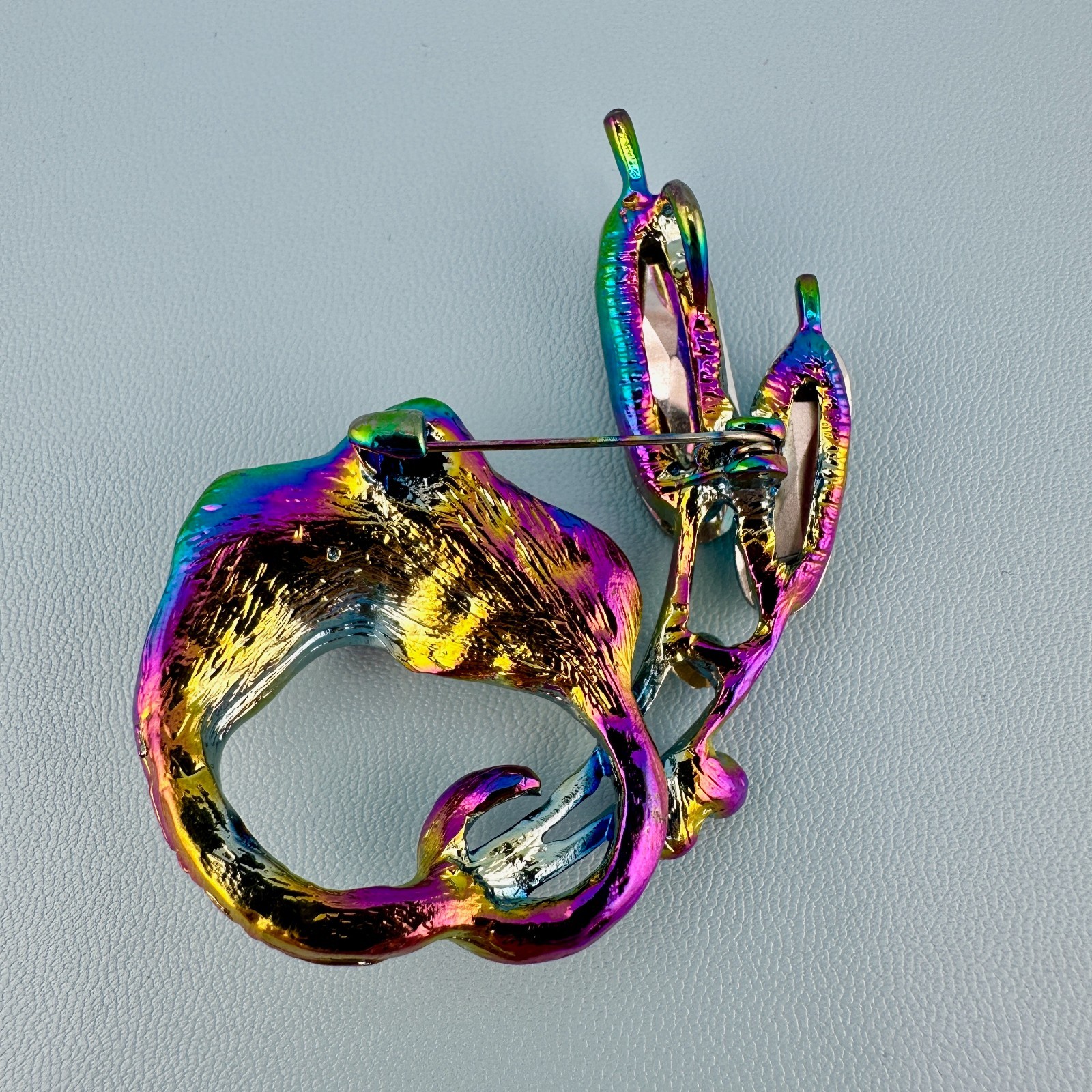 Rhinestone Brooch Flower Leaf Cattail Iridescent Teal Blue Aurora Borealis