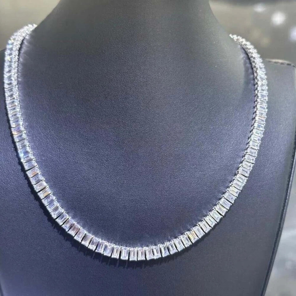 35CTW Created Emerald Cut Diamond Womens Tennis Necklace 14K White Gold Plated