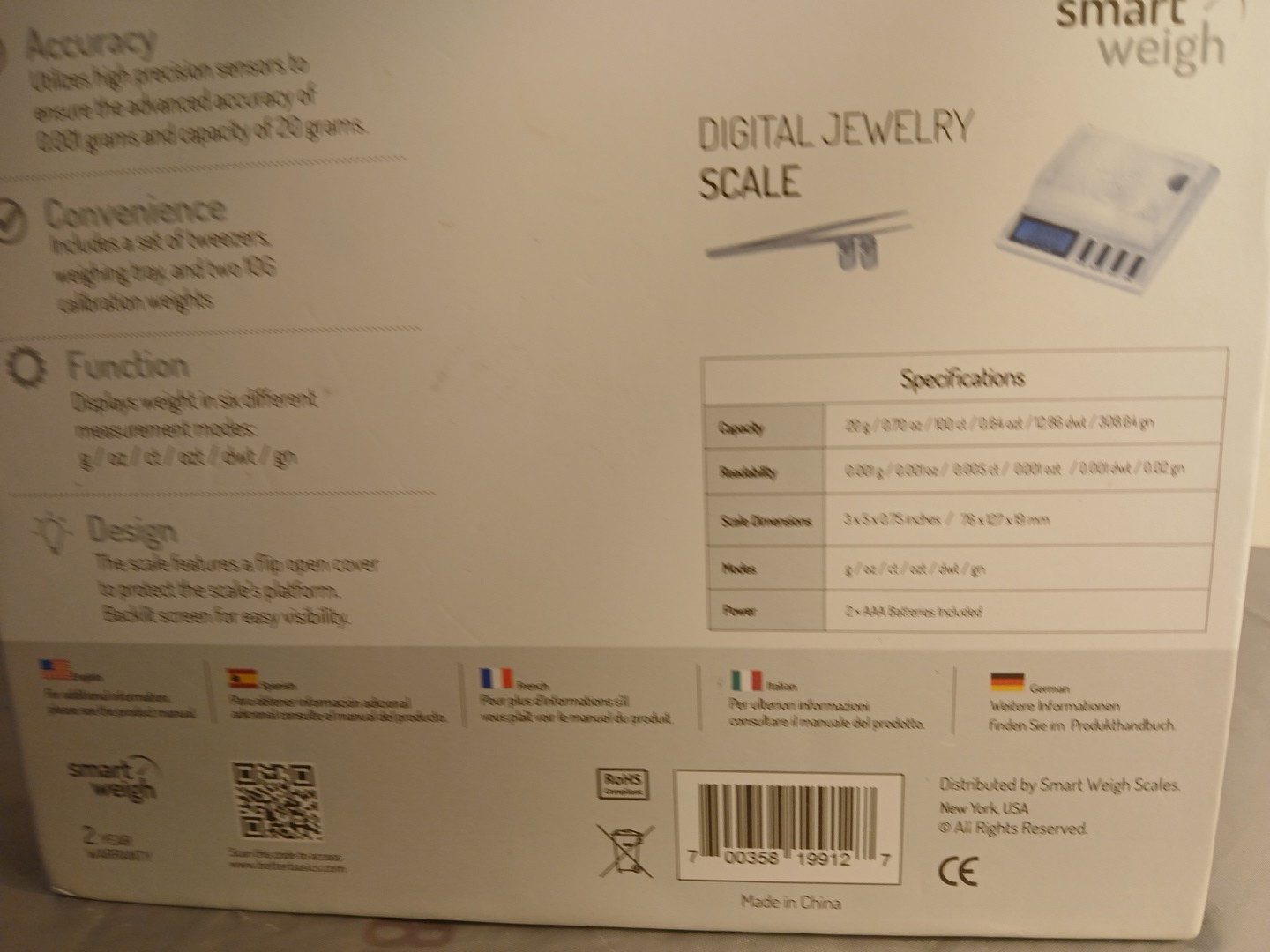 Smart Weigh High Precision Digital Jewelry Scale GEM20 Opened Box