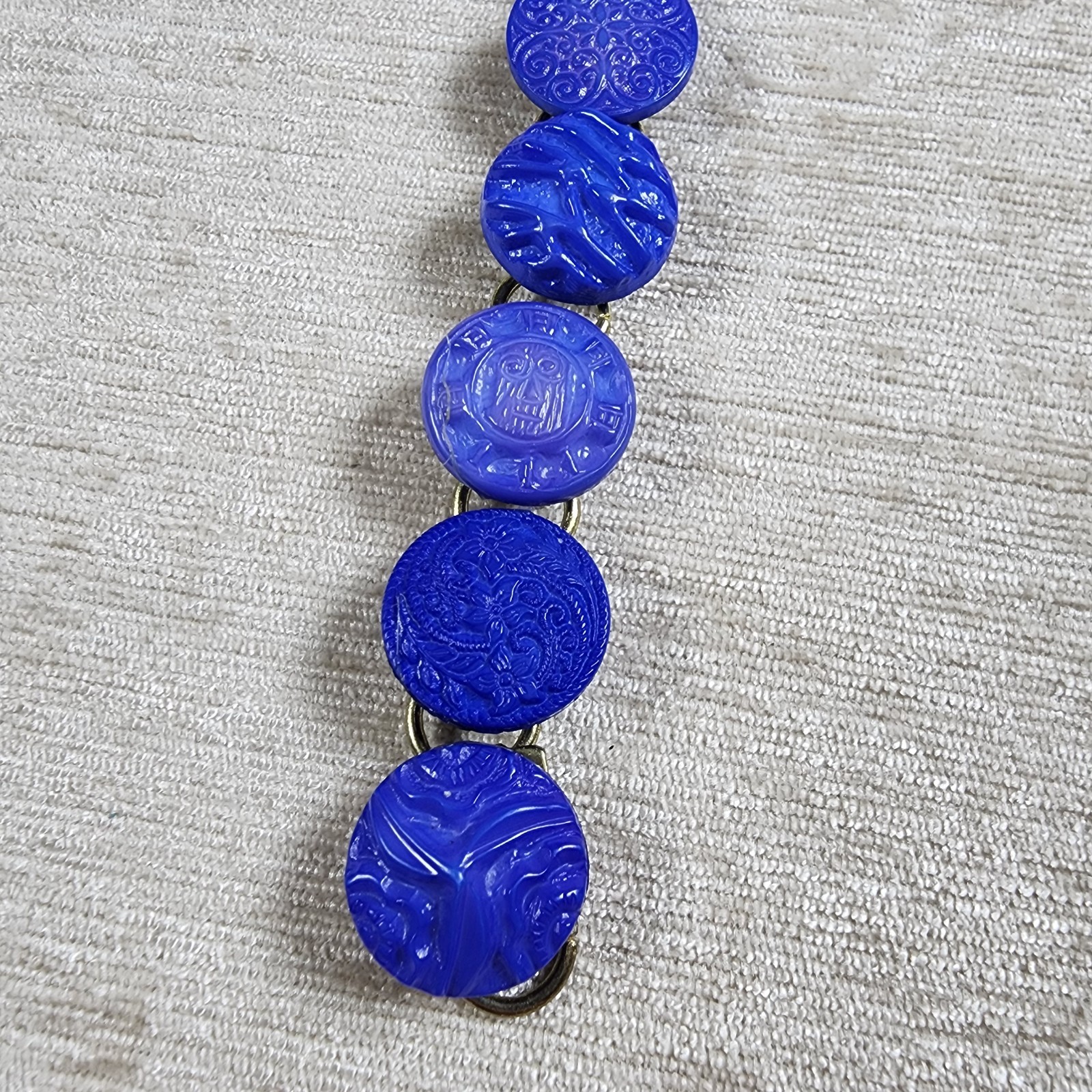 Vintage Button Blue Glass Detailed Image Embossed Bracelet Brass Links 7.5″