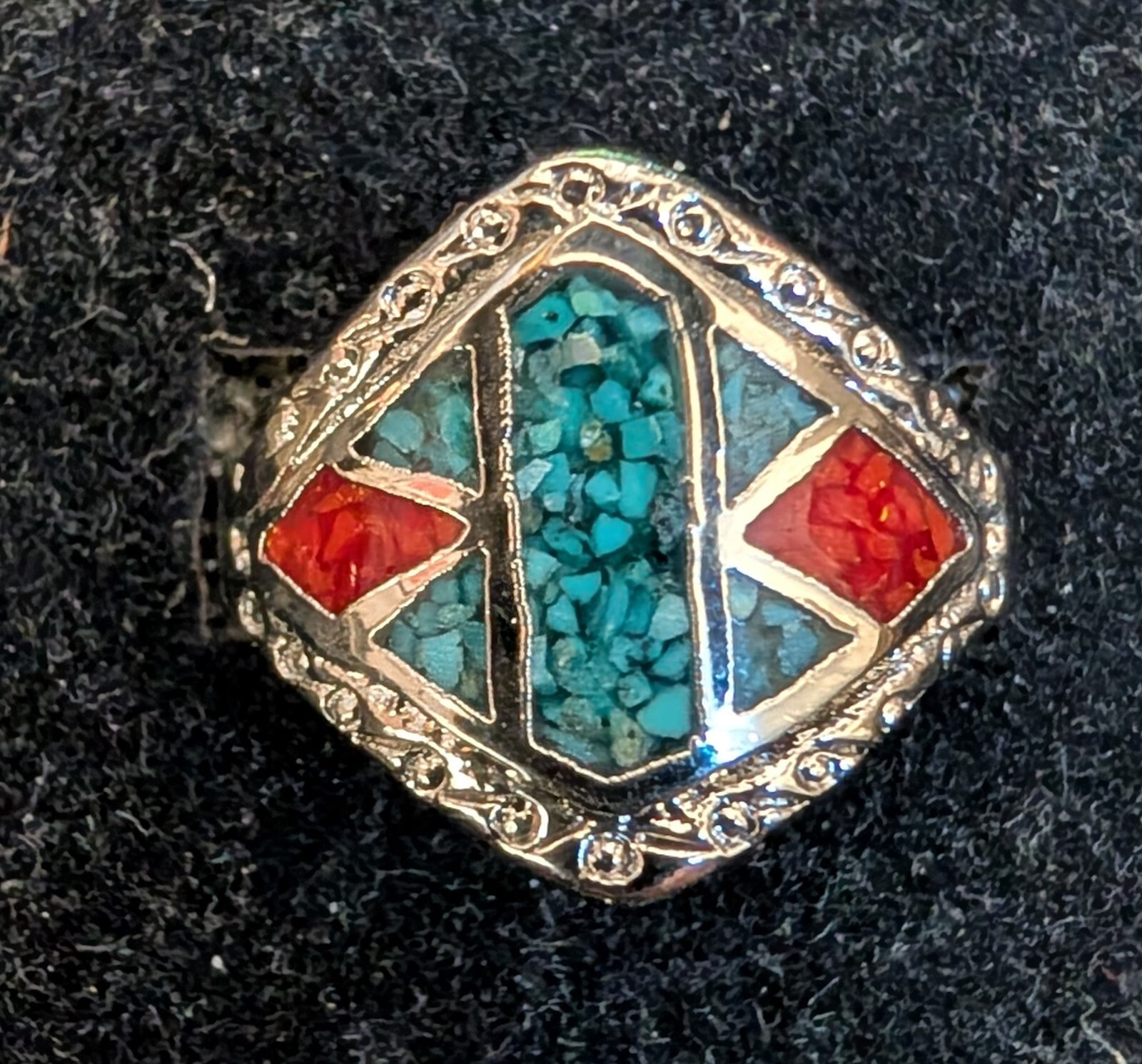 Vintage Turq. & Coral Design Nickle Silver Men’s Rings Size 9 Resin Filled