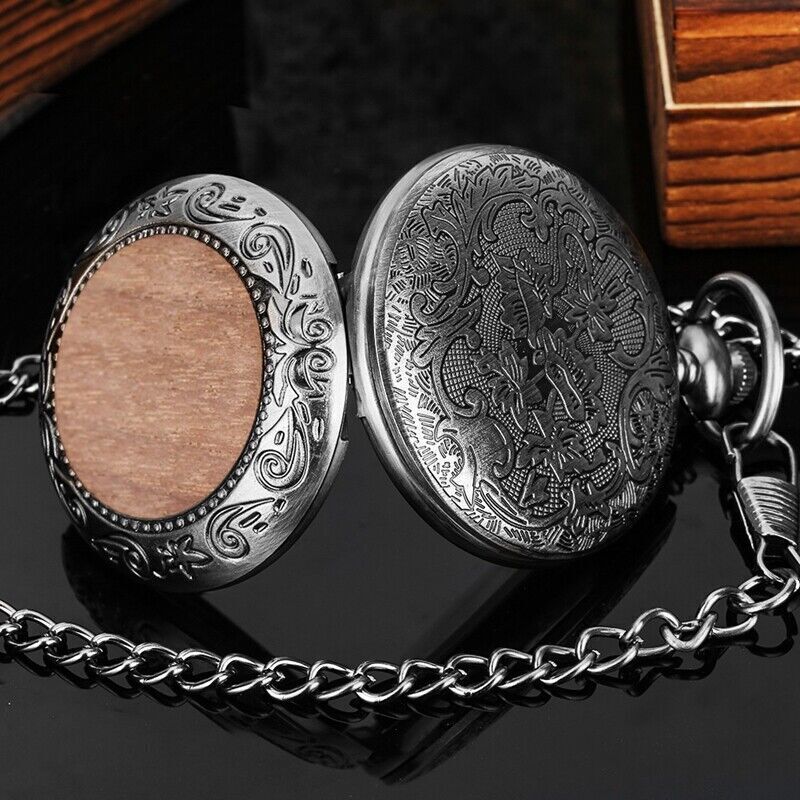 Bronze Nature Wood Alloy Case Men Women Quartz Pocket Watch Necklace Pendant