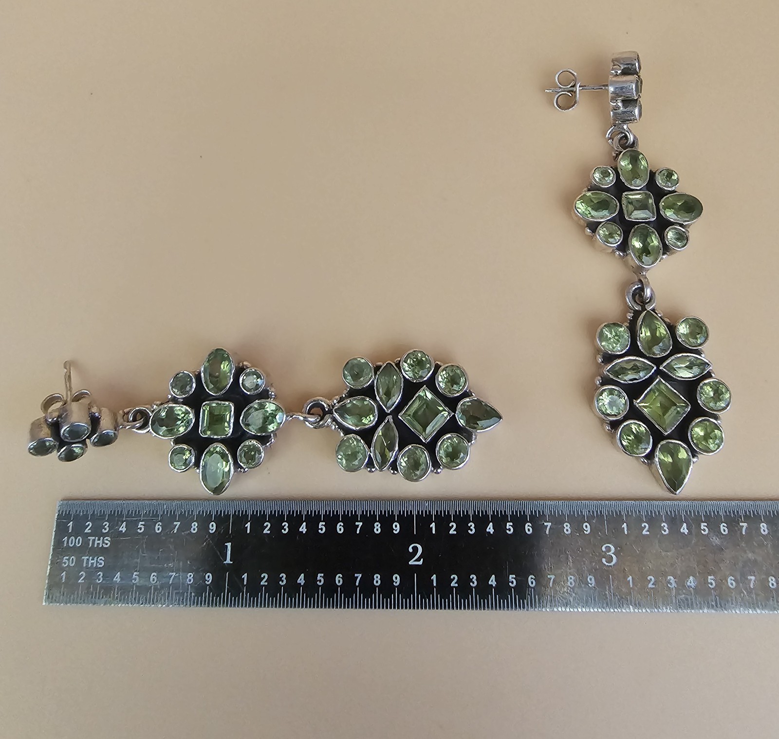 Vintage Sterling Silver Peridot Dangle Earrings 2.75″ Artisan Statement Drop 925