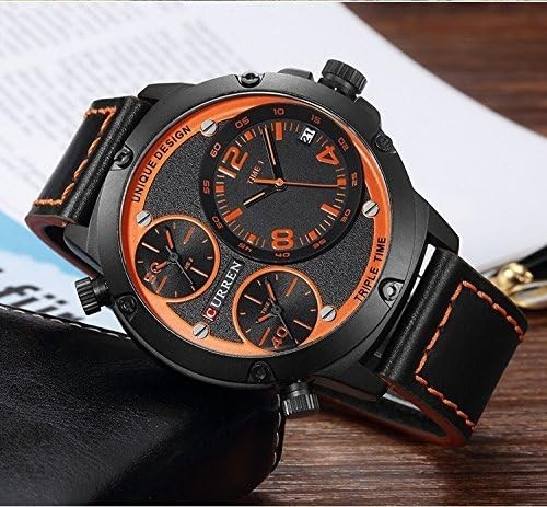 CURREN Mens Triple Time Zone Watch Black Orange Leather Strap Date Quartz