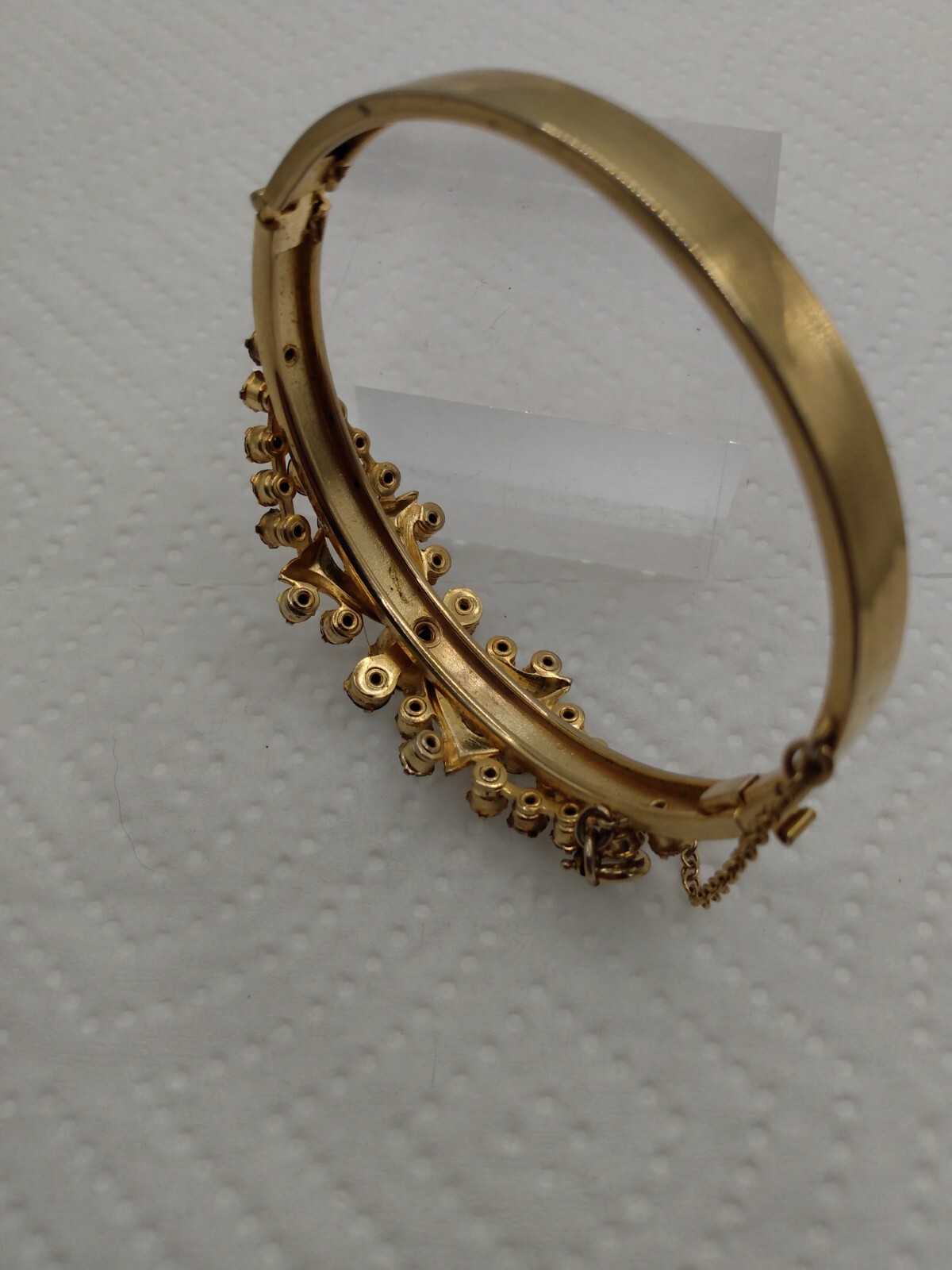 Vintage Gold Tone Rhinestone Hinged Bracelet With Safety Chain