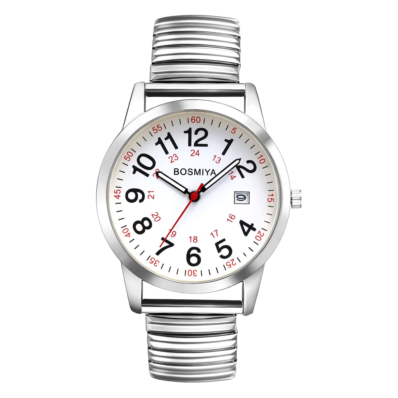Mens 24hr Easy To Read Large Date Dial Stainless Steel Elastic Band Wrist Watch