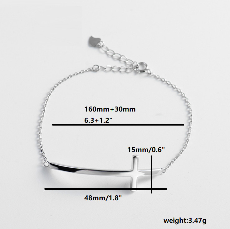 S925 Sterling Silver Concise Sideways Cross Bent Bracelet 7.5inch Women Gift PE3