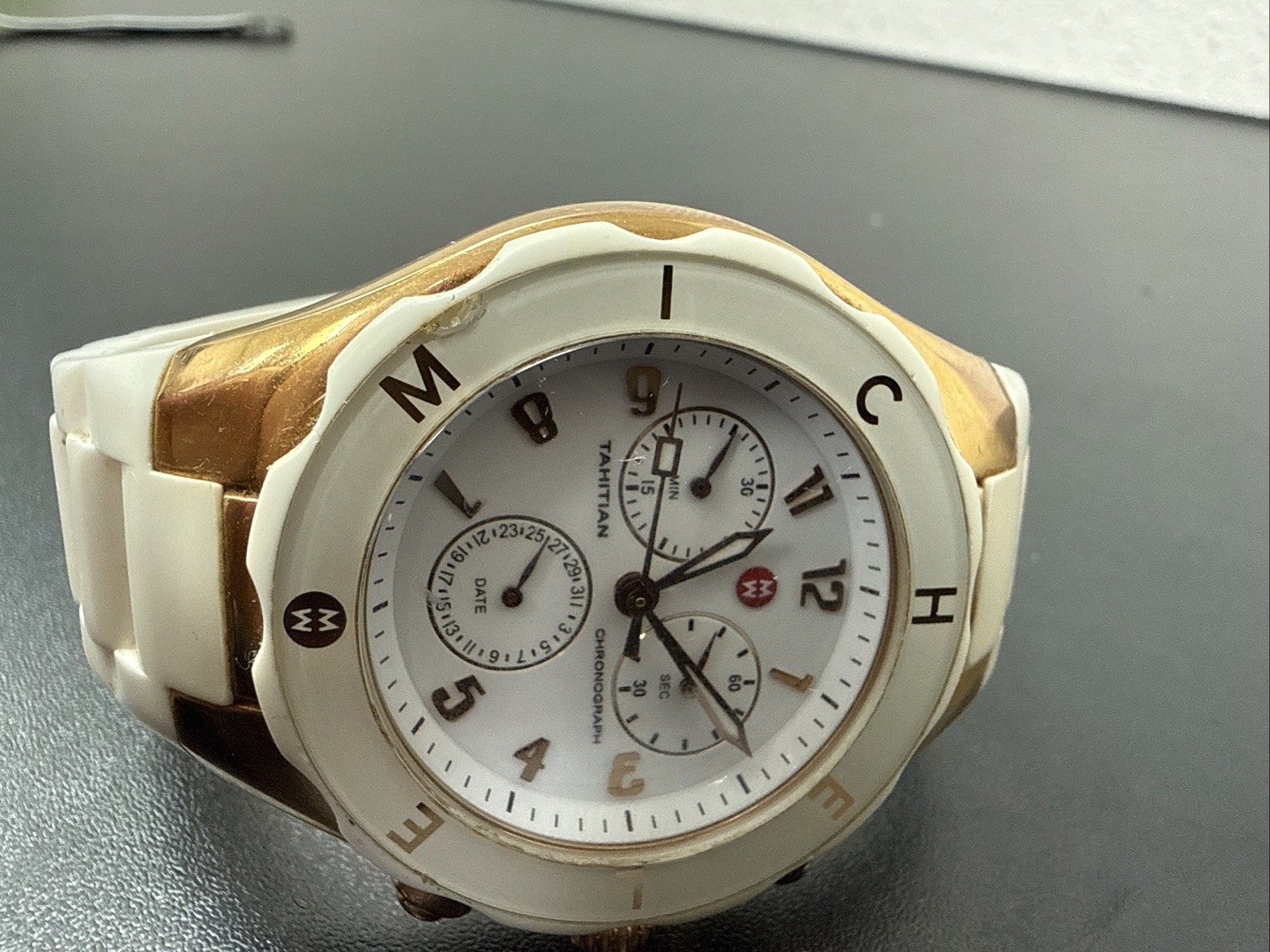 MICHELE Tahitian MWW12F000008 Gold Tone Rubber Band Chronograph NEEDS BATTERY