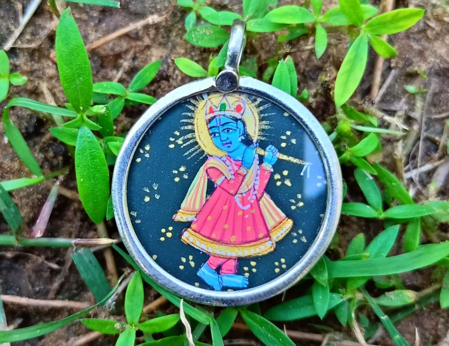 Handmade Hand Painted 925 Sterling Silver Miniature Krishna Pendant 23X30mm #30