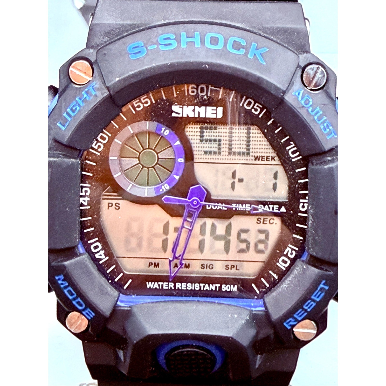 SKMEI 1029 Analog Digital Sport Watch Black Blue Dual Time Alarm NWT Battery