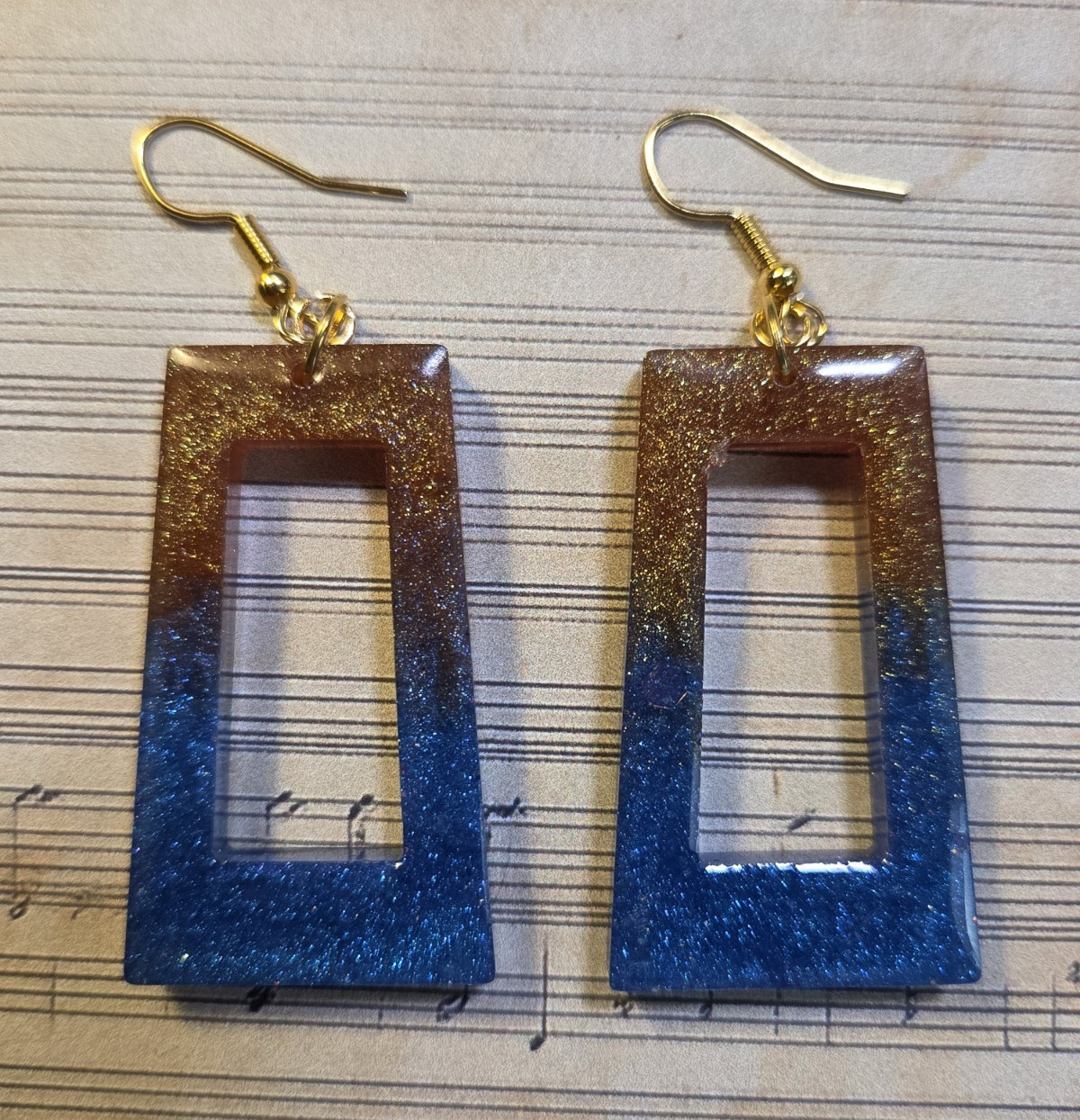 Blue & Gold Glitter Resin Rectangle Frame Dangle Earrings Ombre Effect 3 inch