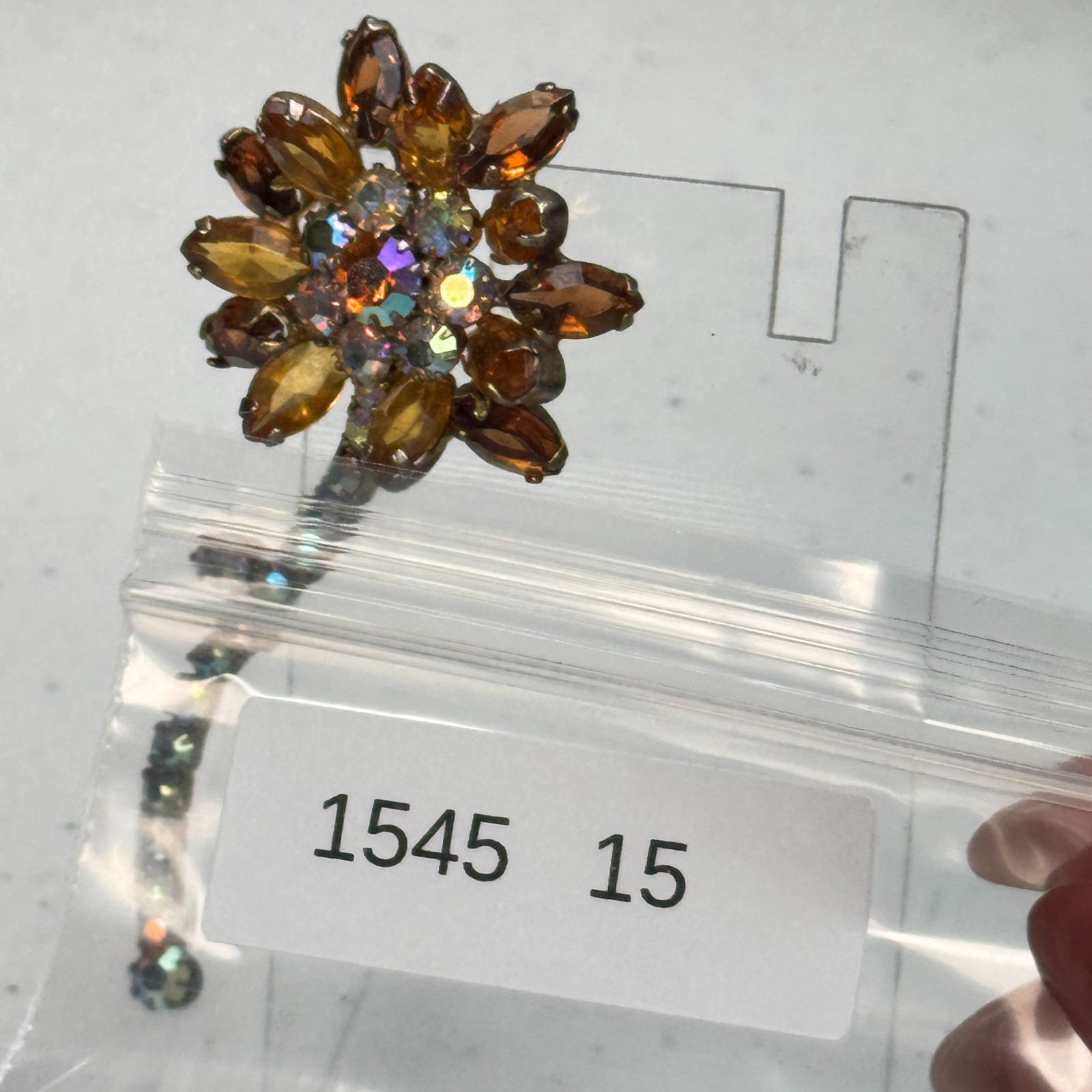 Vintage Brooch Brown Rhinestone Flower AB Stem Daisy MCM 50s 60s