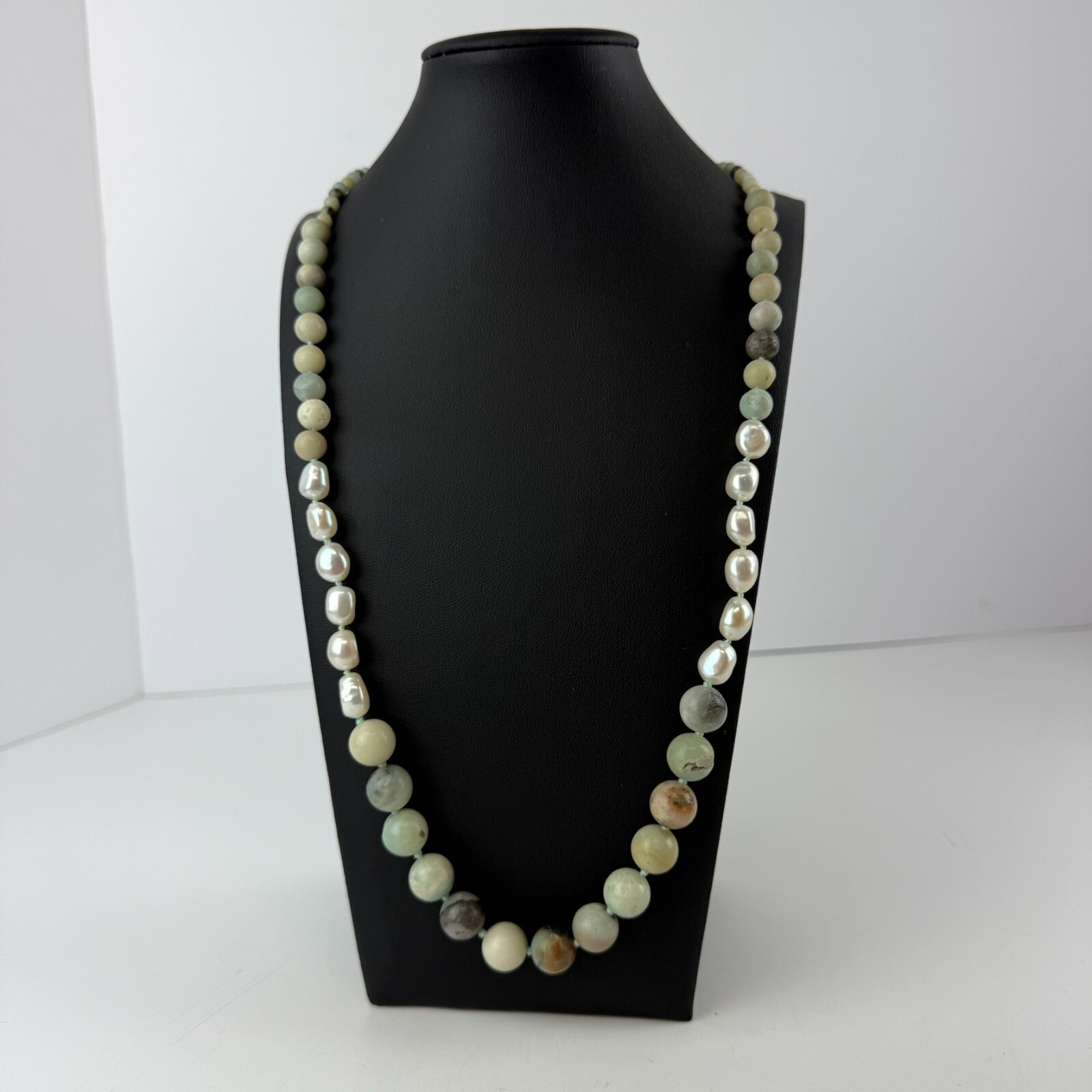 LUC Lucas Lameth Necklace Blue Tan Jasper Pearl Sterling Silver Bead Knotted 28″