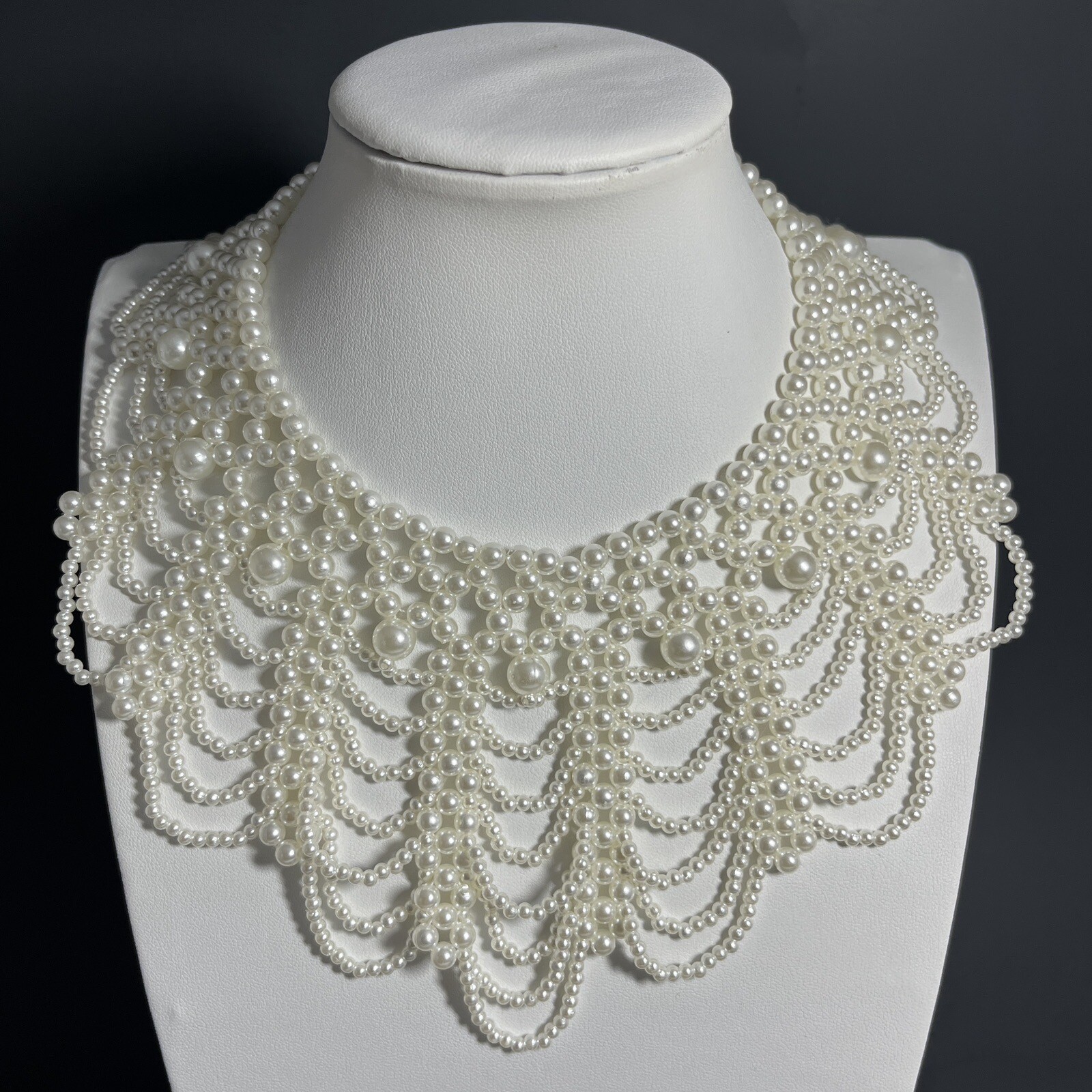 Faux Pearl Choker Necklace RBG Beaded Collar Bib White Wide 14”-18”
