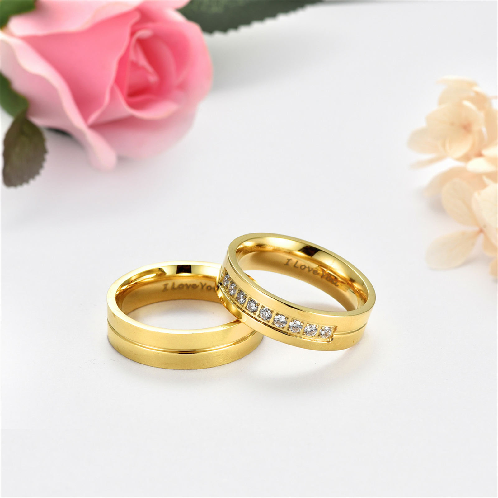 Couples Stainless Steel/Yellow Gold Plated CZ Ring I Love You Promise Band Gift