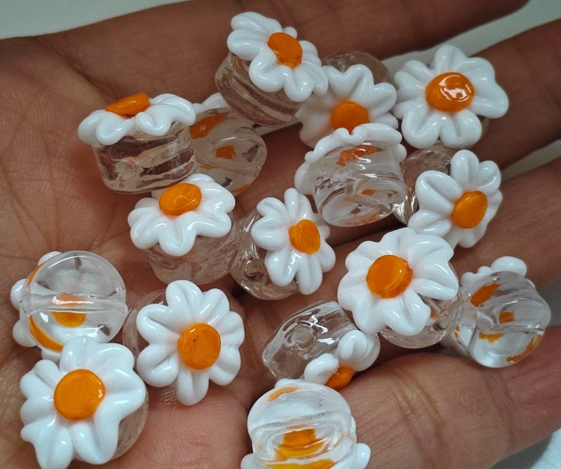 15pcs handmade Lampwork glass beads transparent white flower 9*15mm