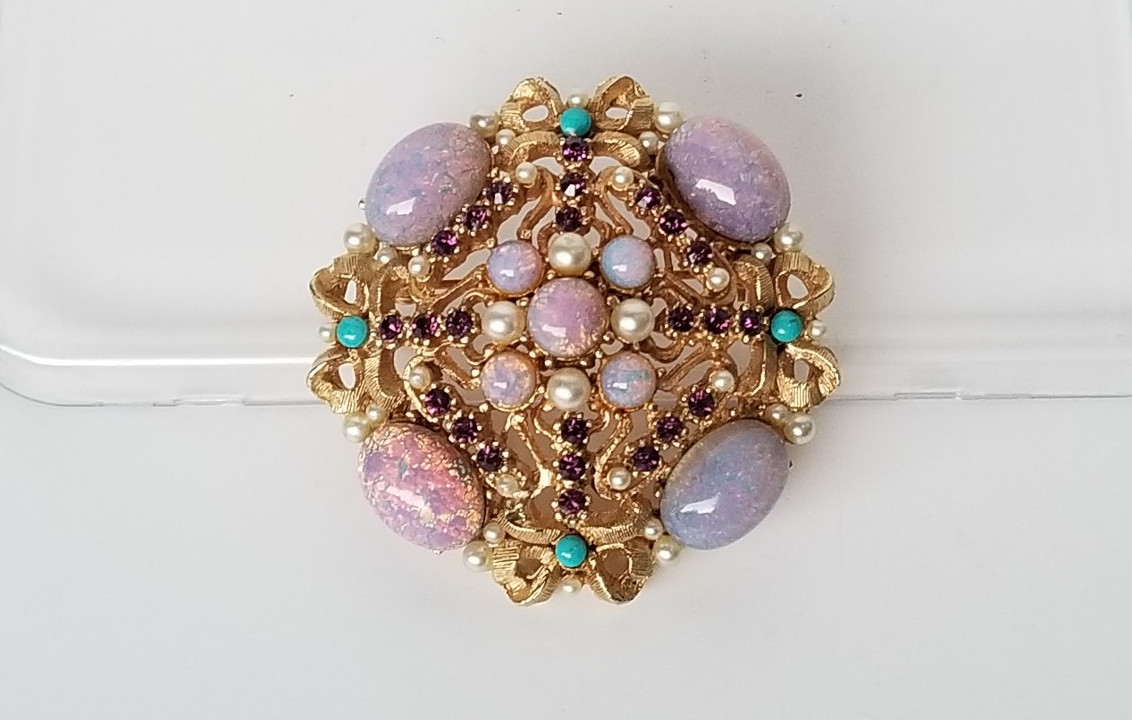 Vintage R. MANDLE Faux Opal, Pearl & Turquoise Rhinestone Gold Tone Pin Brooch