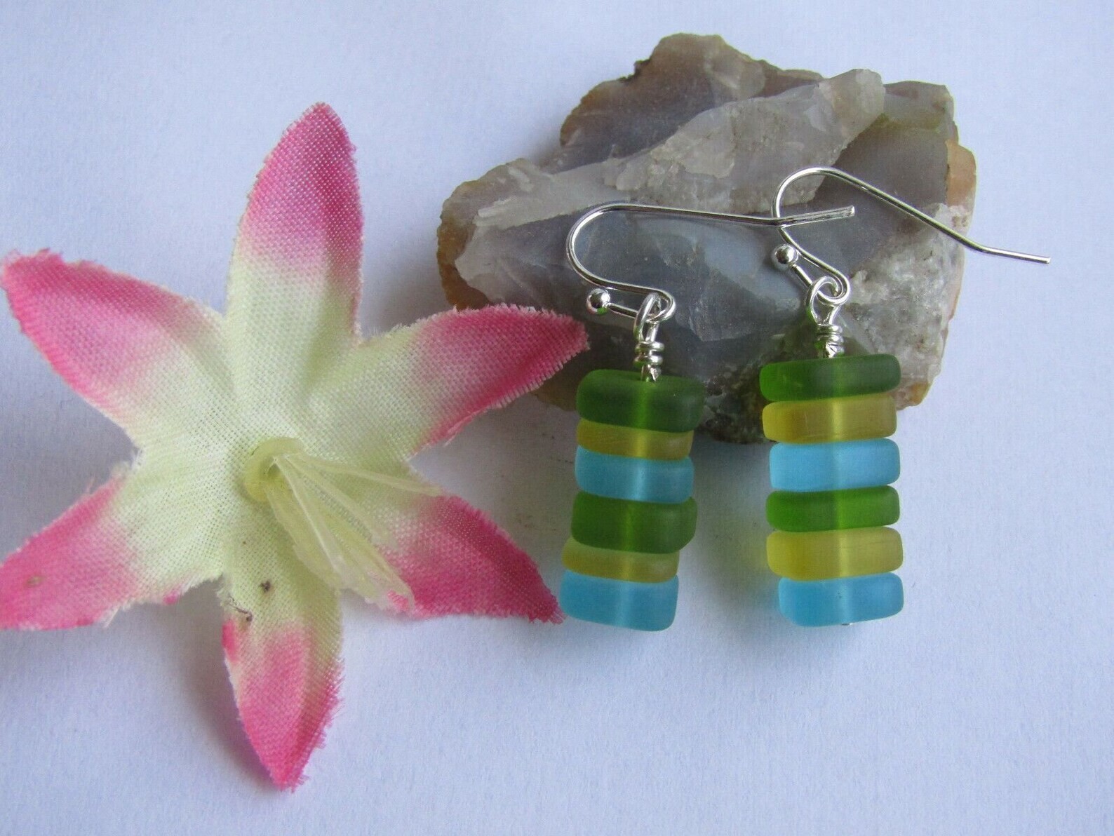 Stacked Green, Yellow, & Blue Sea Glass Pebble Earrings, Gift For Her, Ocean