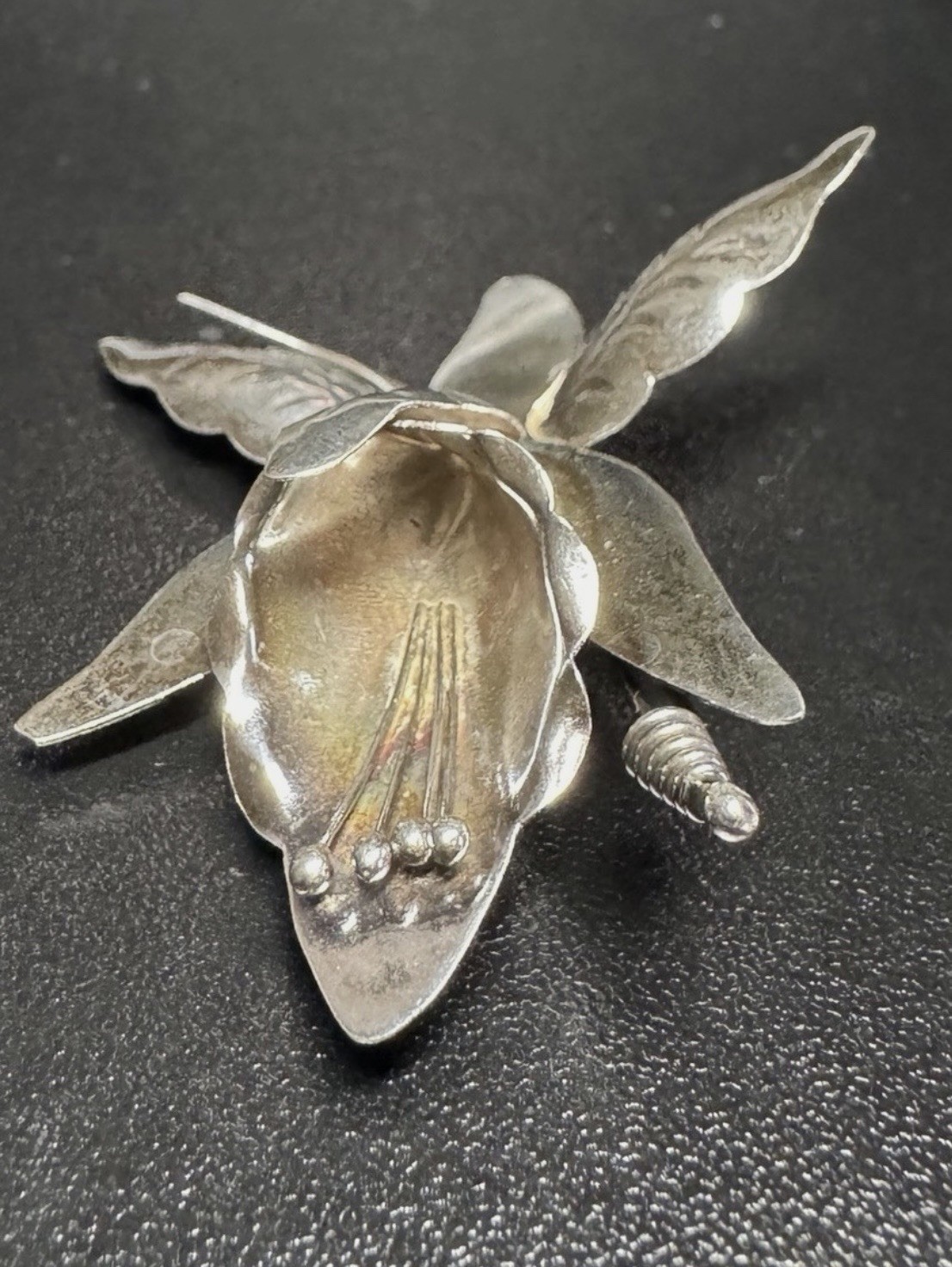 Taxco Mexico Signed Sterling Silver 925 Orchid Flower Brooch Pin 6.5g