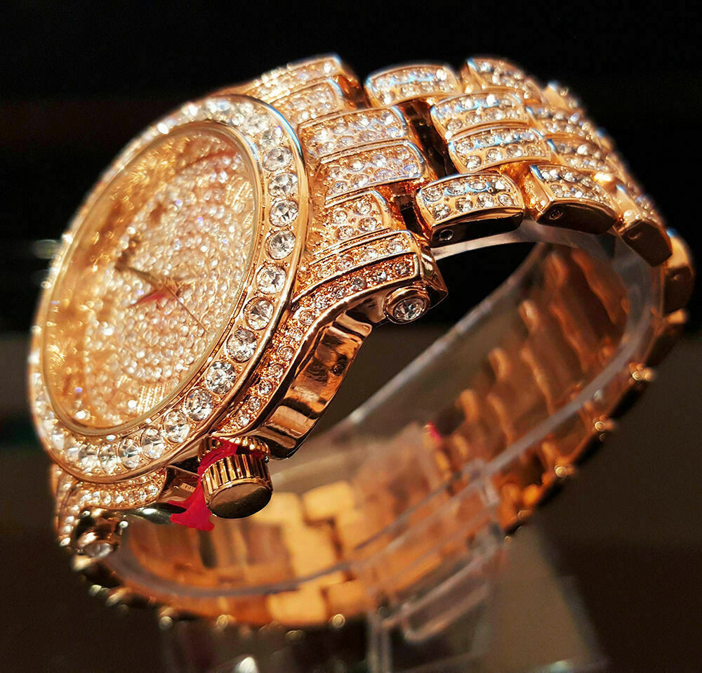 Men Hip Hop Iced Icy Rose Gold Bling Lab Diamond Rapper Bling Metal Luxury Watch