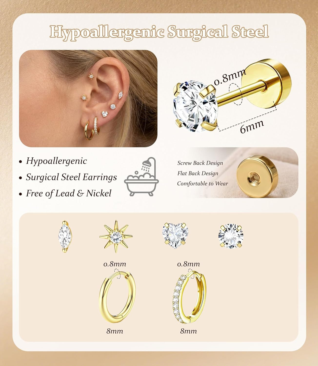 Hypoallergenic Flat Back Earrings for Women Silver 14K Gold Plated Surgical Stai