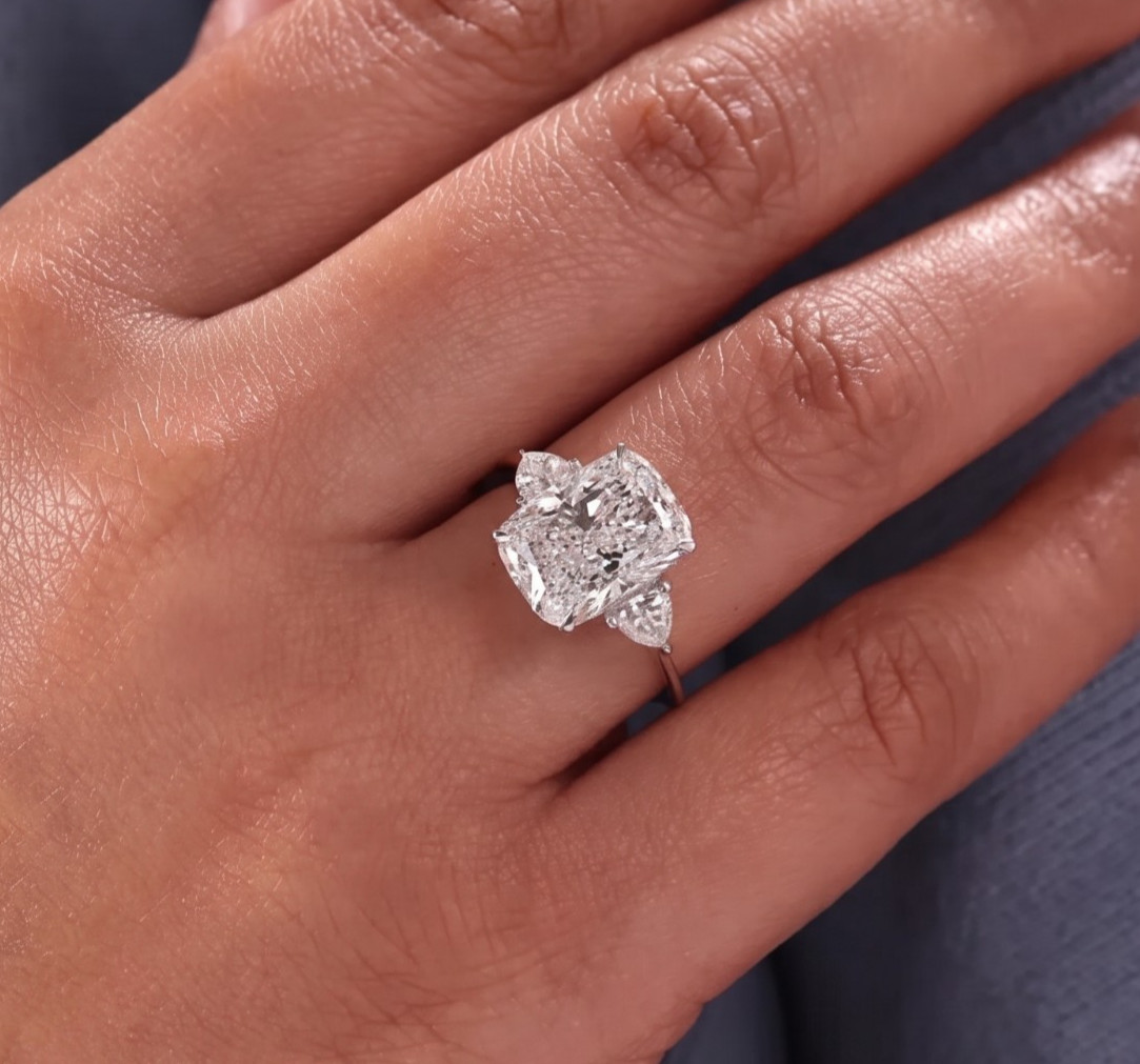 3CT Cushion Cut Moissanite Engagement Ring with Pear Side Stones Sterling Silver