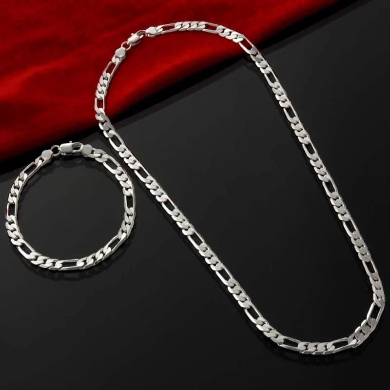 925 Silver4mm Chain Bracelet & Necklace Set for Men Women Wedding Gift