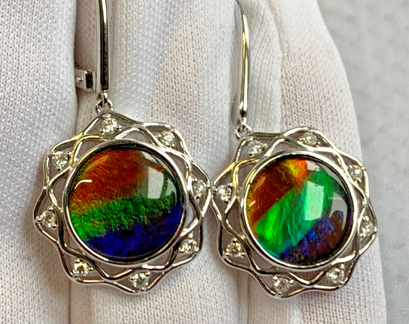 14K White Gold Iridescent Ammolite Earrings 9.54g Jewelry Clear Stones *READ*