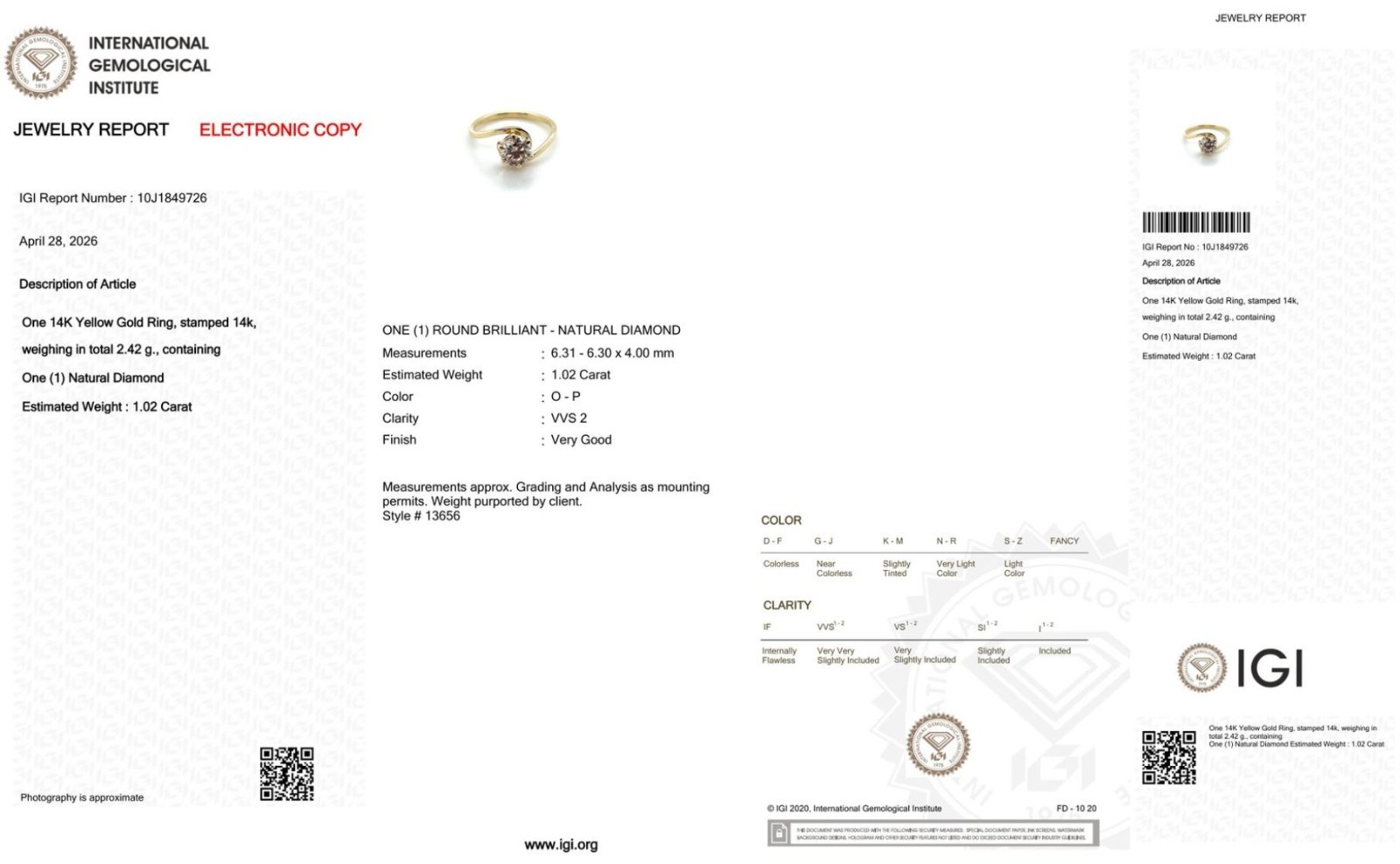 IGI Certified 1.02ct Natural Round Brilliant Cut Diamond Ring in 14K Yellow Gold