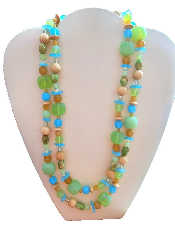 CZECH CHUNKY BEADS NOS Lime Green Blue Wood Glass Long Length or Double Necklace