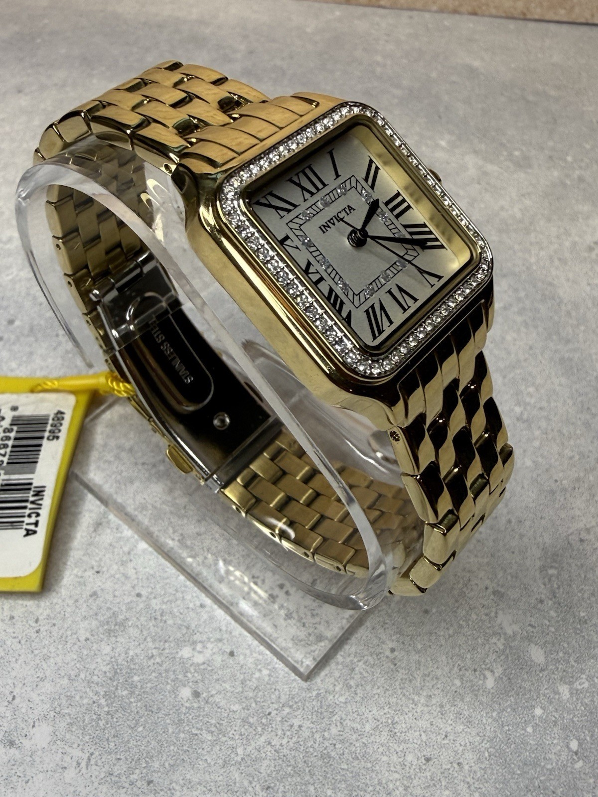 Invicta Angel Gold Crystal Bezel Rectangular White Roman Dial Watch 28mm