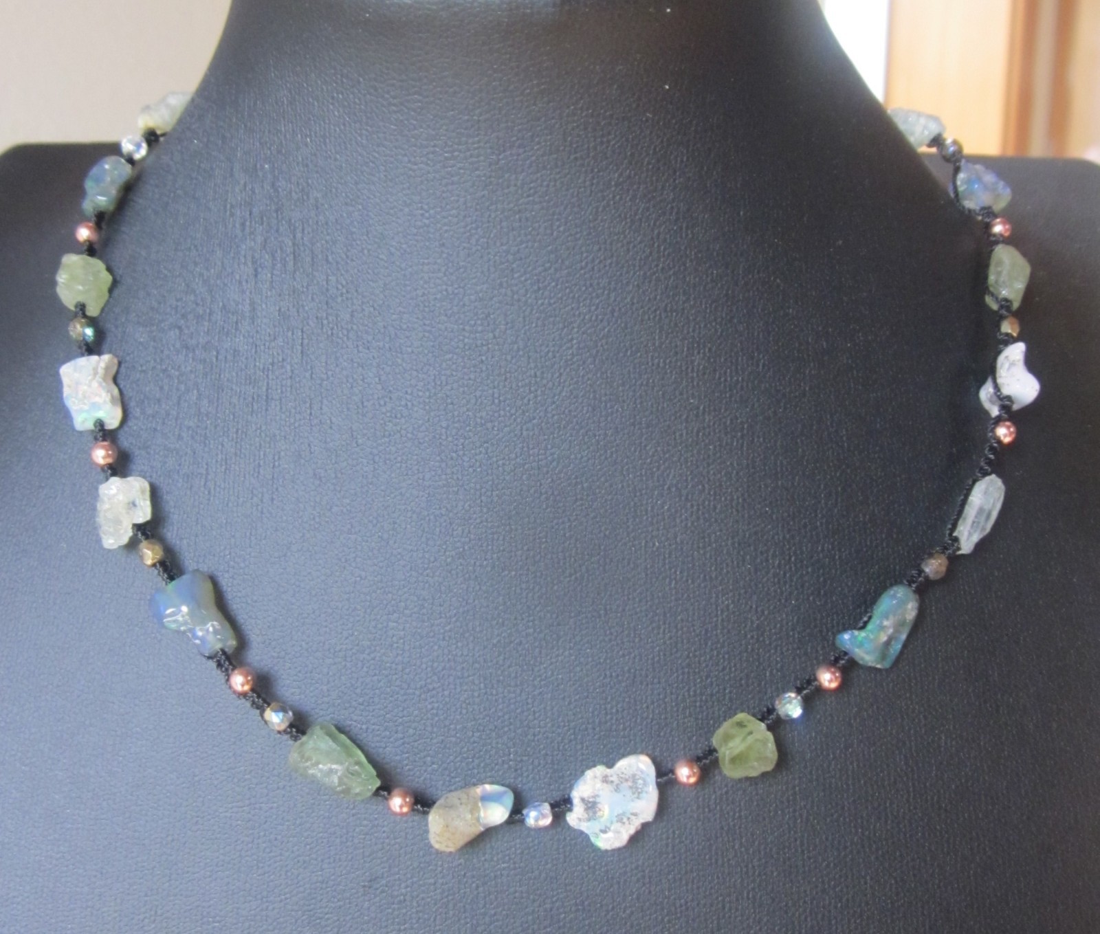 Necklace Black Ethiopian Fire Welo Opal Apatite Aquamarine Copper Raw Heals GIFT