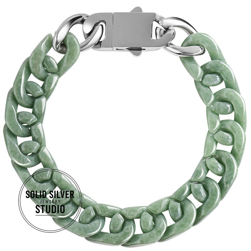 Natural Grade A Jadeite Cuban Link Chain Bracelet&Necklace Hip Hop Jade Jewelry