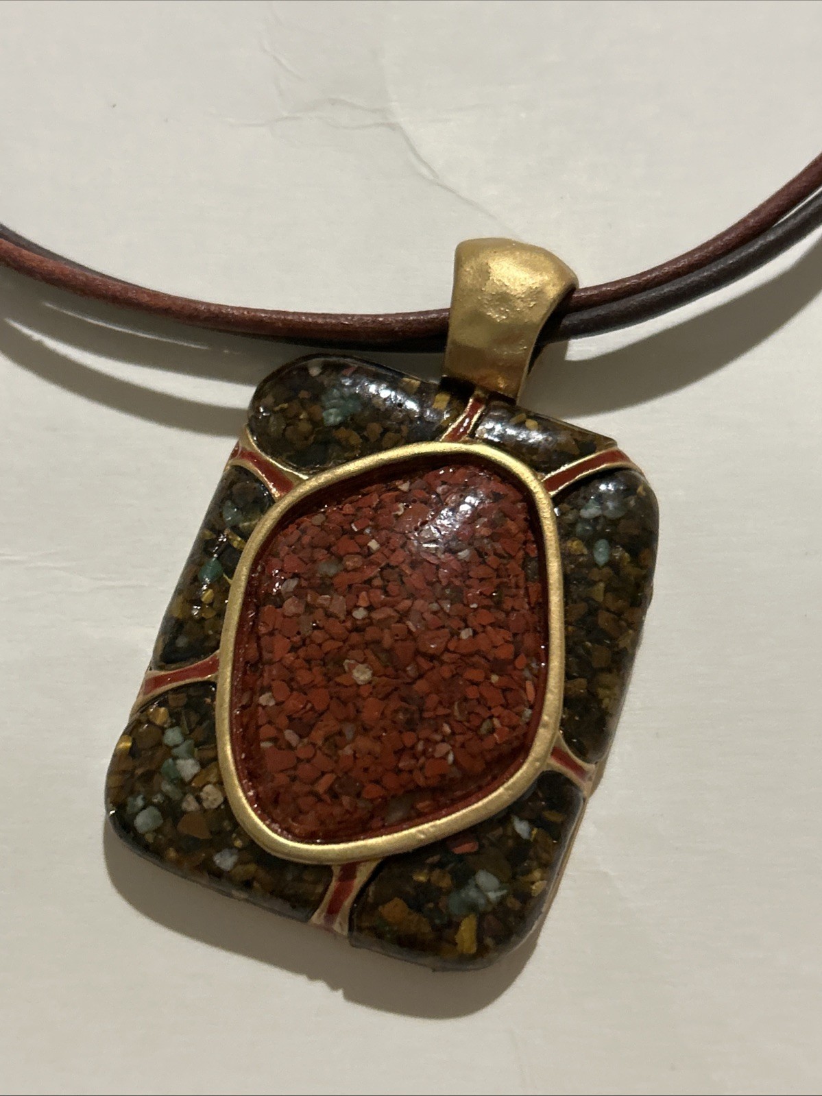 Chico’s Leather Multi Strand Statement Necklace Red Brown Green