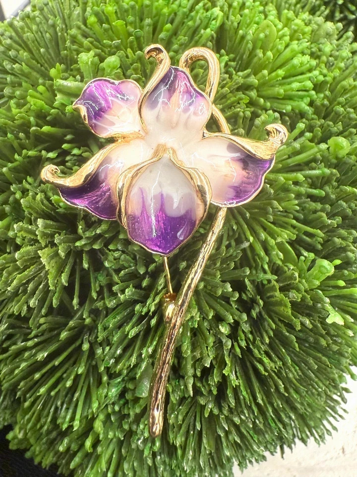 New Orchid Enamel Flower Brooch, 2.28-Inch, 14K Gold‑Plated Pin
