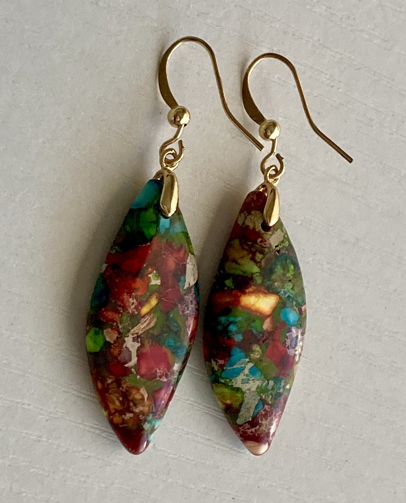 Jasper Stone Natural Imperial Leaf Dangle Drop Multicolor Earrings 7.71g Ladies