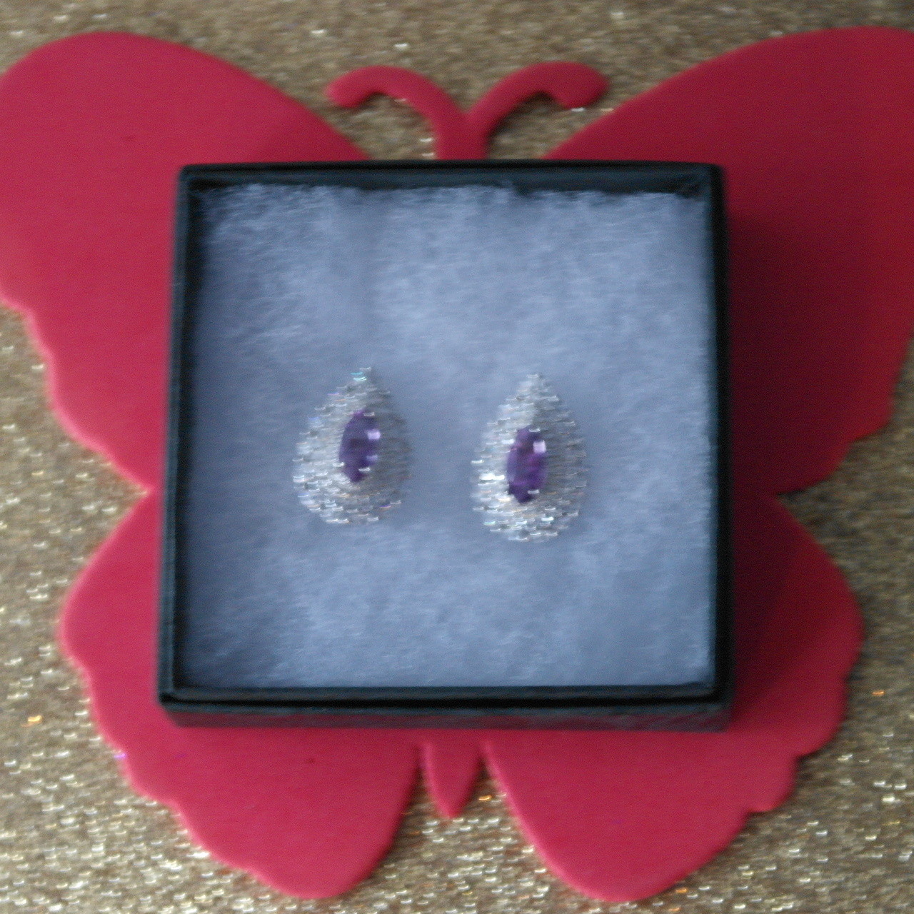 IMPRESSIVE! NATURAL! 4 X 10 mm. PURPLE AMETHYST & WHITE CZ..925 SILVER EARRINGS