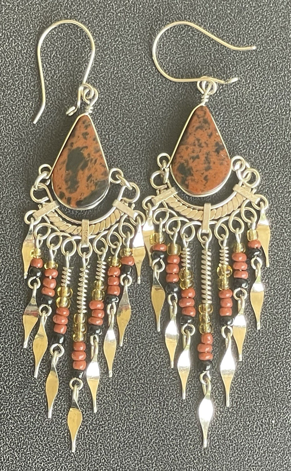 Peruvian Mahogany Obsidian Semi-Precious Stone Seed Bead Earrings Handmade Boho