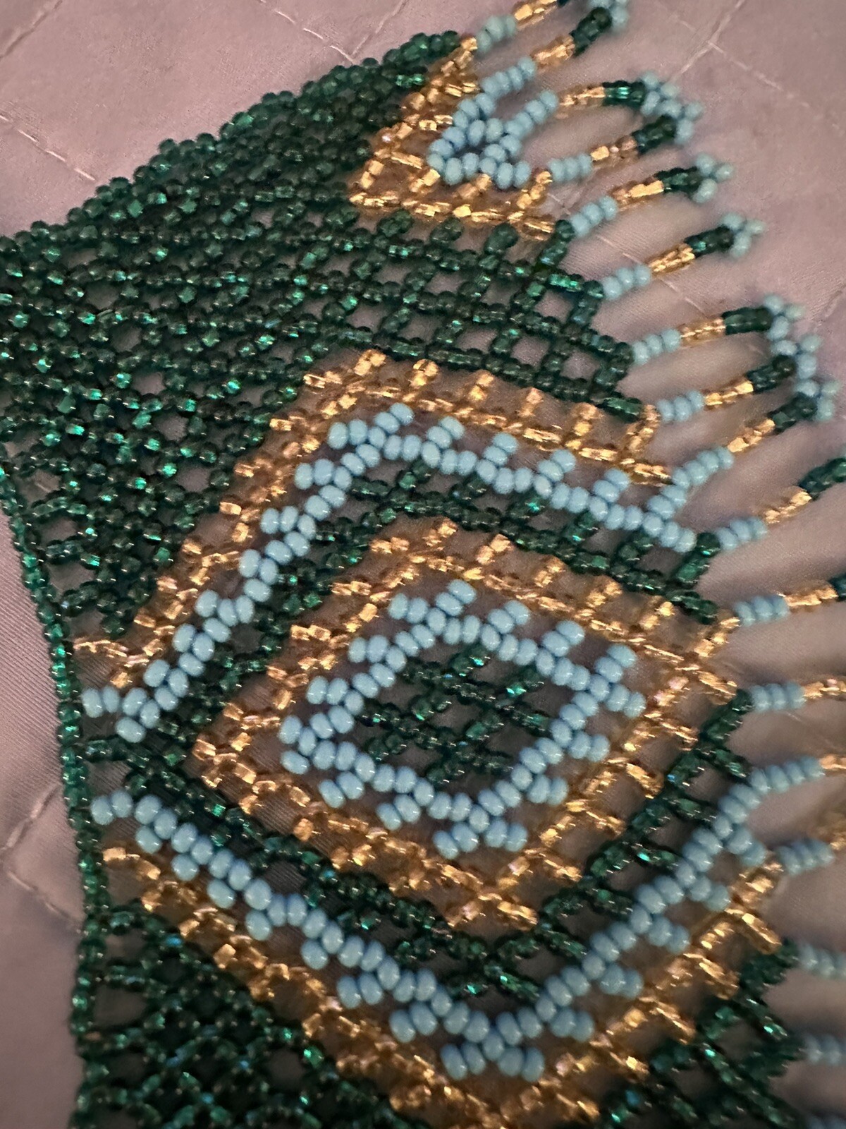 Vintage Bib Blue Green Gold Seed Bead Huichol Fringe Necklace See Desc