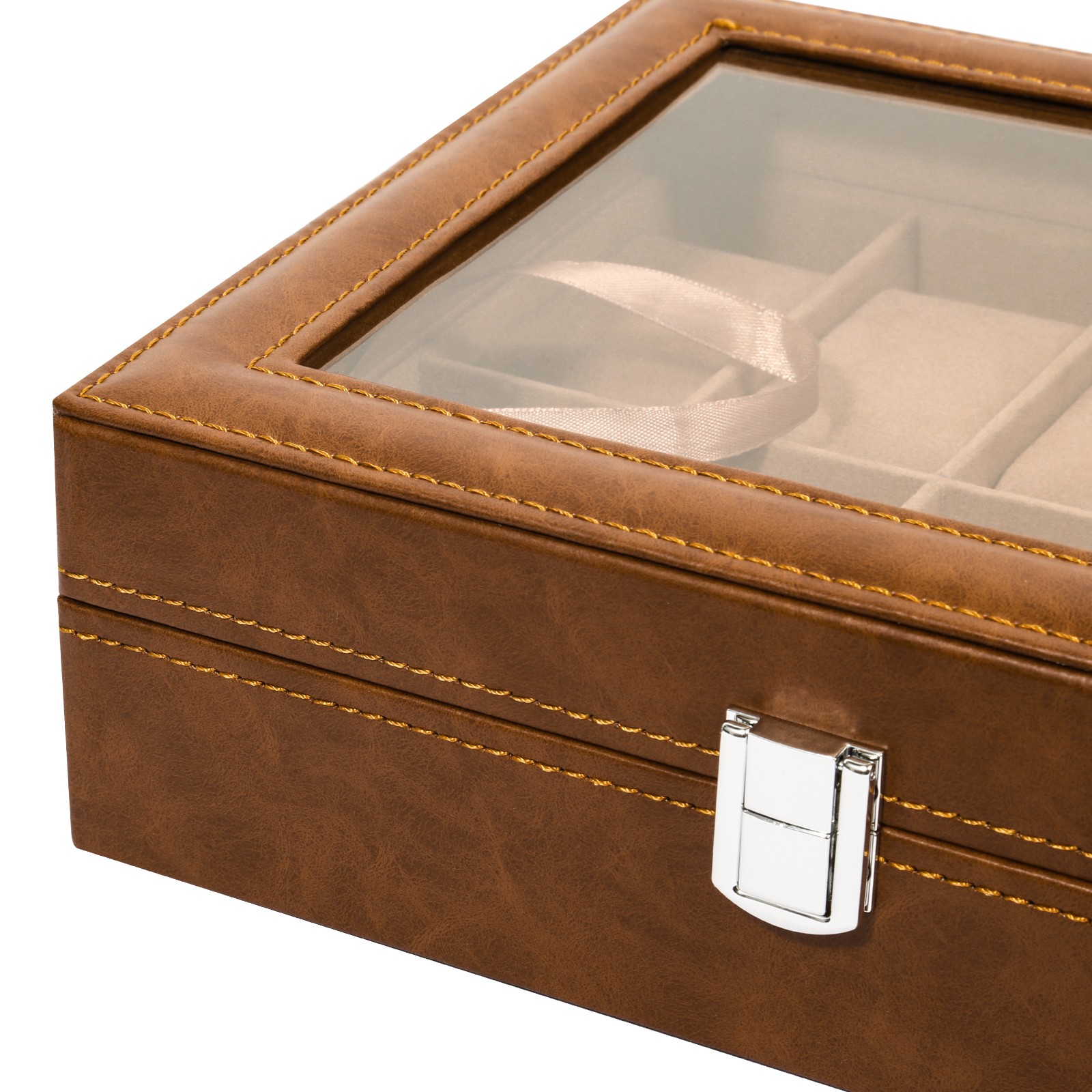 10 Slots Watch Box PU Leather Display Case Jewelry Organizer Box w/Glass Lid NEW