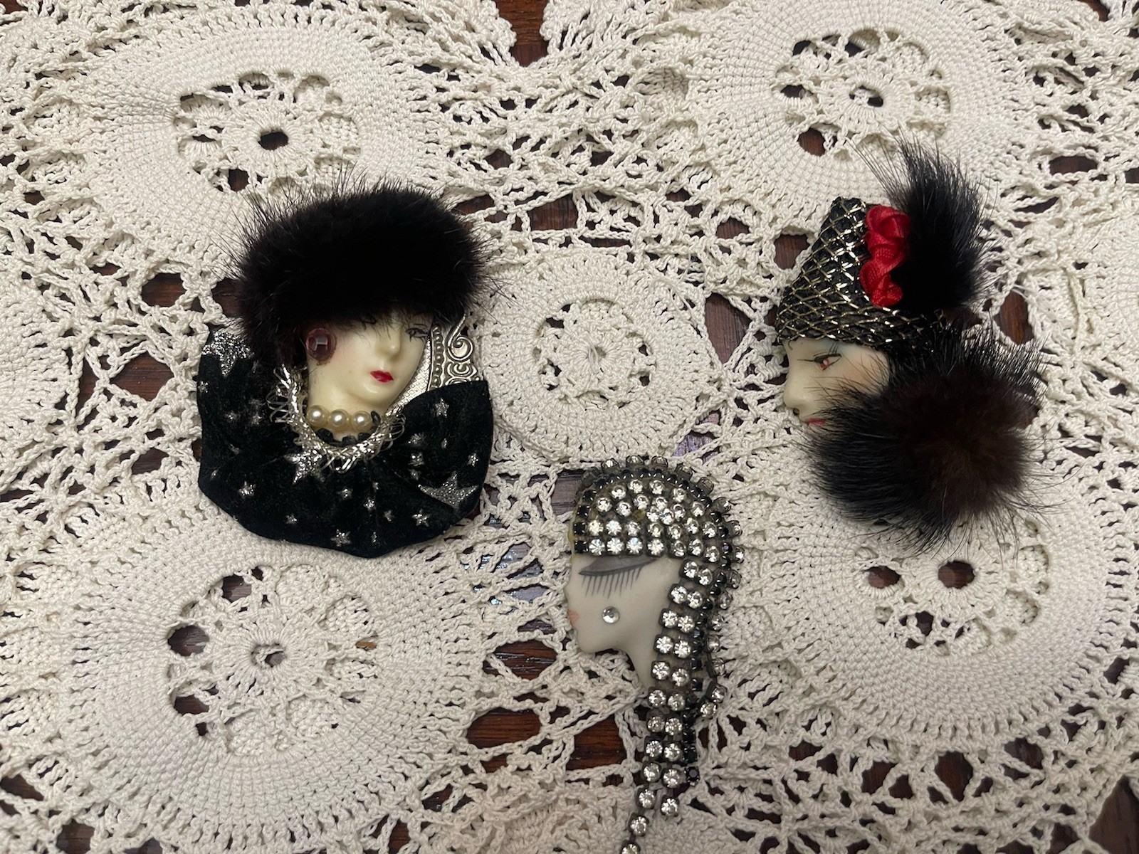 Vintage Booches Womens Faces With Fur And Rinestones