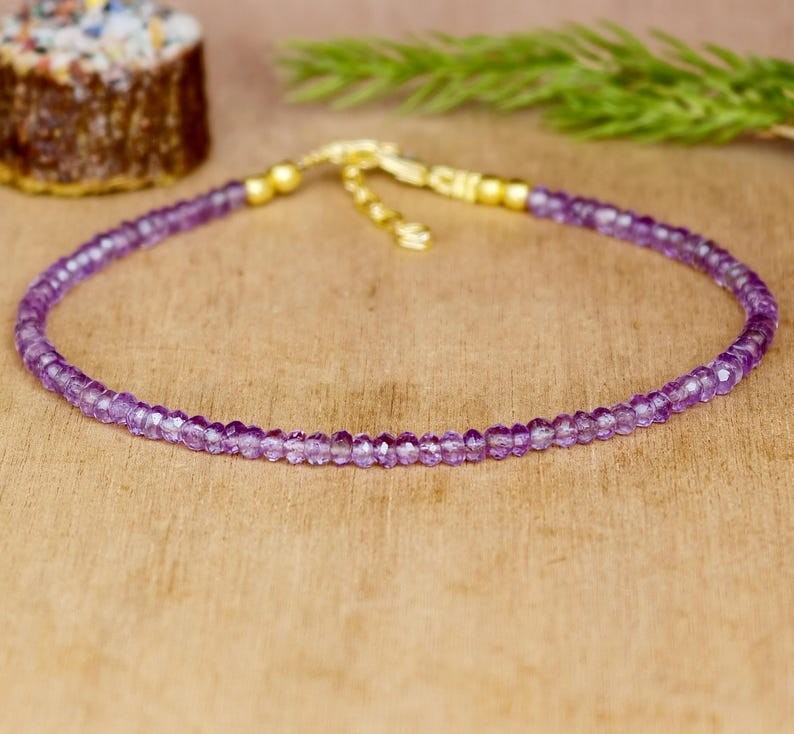 2-3MM Dainty Purple Amethyst Faceted Round Gemstone Beaded Unisex Bracelet 6-8”