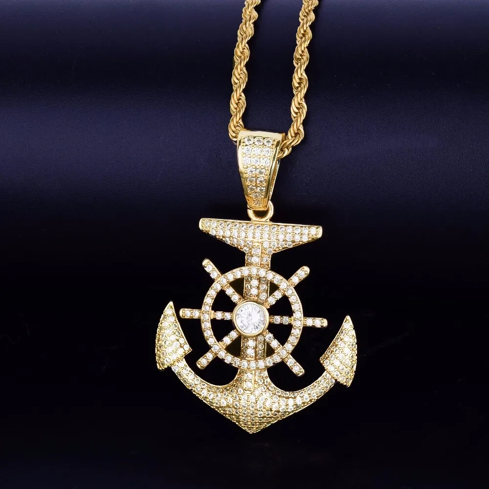 2 Ct Round Natural Moissanite ANCHOR AND RUDDER Pendant 14K Yellow Gold Plated