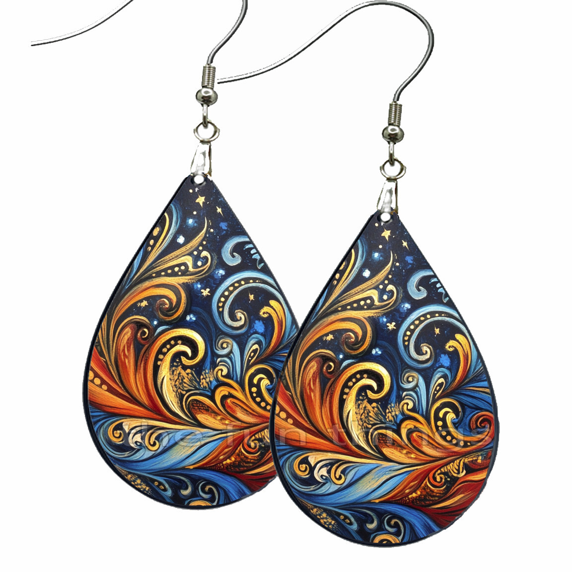 Blue Orange Swirls Pattern Art Print Earrings Teardrop NO TARNISH Wood Dangle